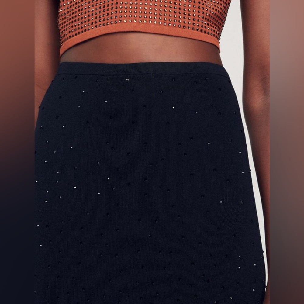 NWT Sandro Manray Black Rhinestone-embellished Midi Skirt—with seam rip - Picture 2 of 11
